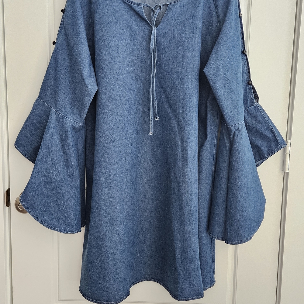 Reborn Blue Denim Dress Bell Sleeves Size Large Button Sleeves